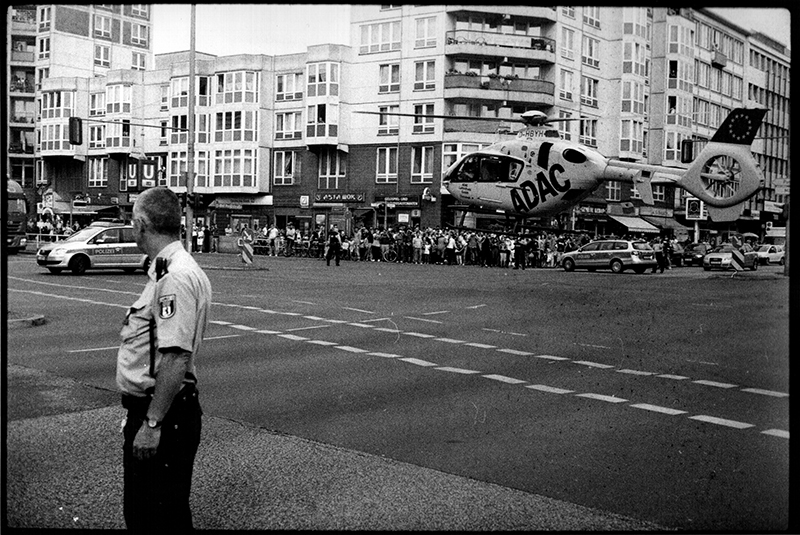 Helicopter on a street corner in Wedding, Berlin. RPX 400 stand developed in Rodional